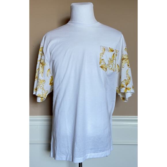 Versace Leafy Print Cotton Jersey T-Shirt White & Gold 3XL 1021353 Italy NWT